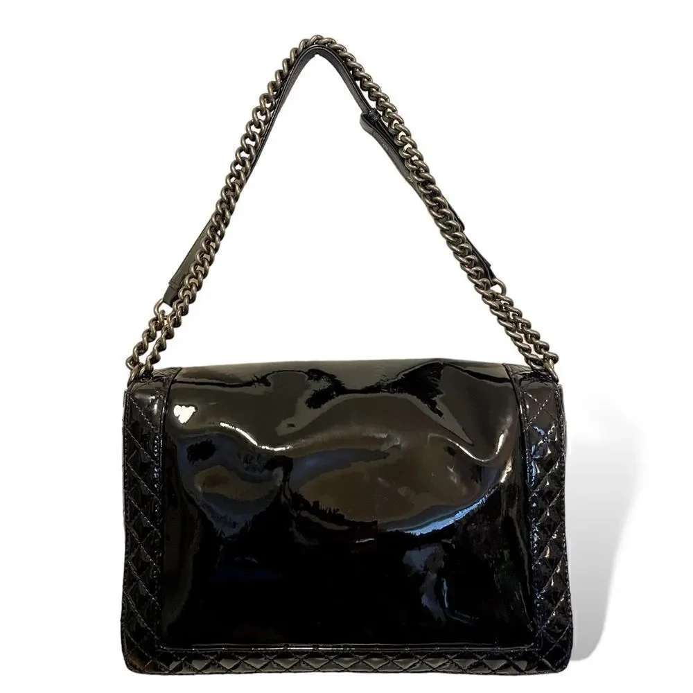 CHANEL Reverso Boy Flap Bag Patent Large in Midnight Blue